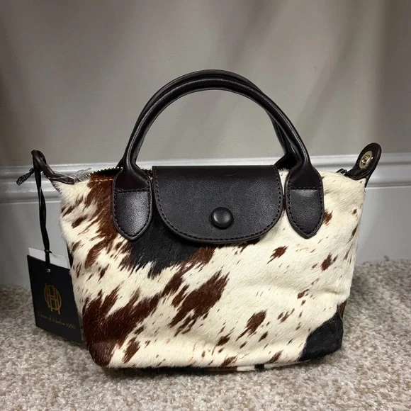 NWT House of Harlow Brown White Black Genuine Cow Hide Leather Le Pliage Bag - Picture 1 of 5